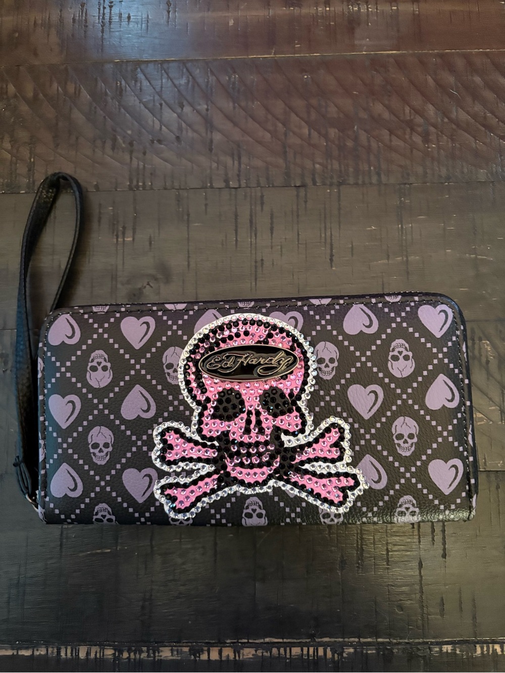 Ed Hardy Black & Pink Crystal Skull Wristlet Wallet NWOT